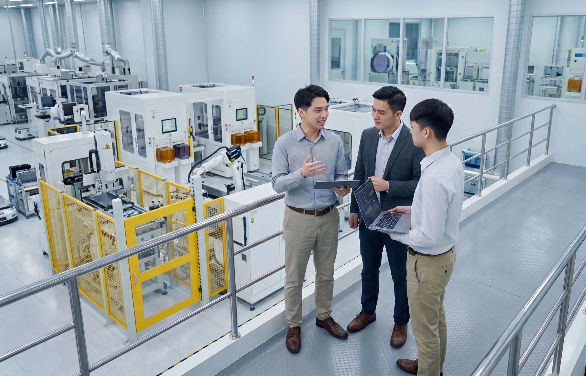 Engineers discussing in an automated factory